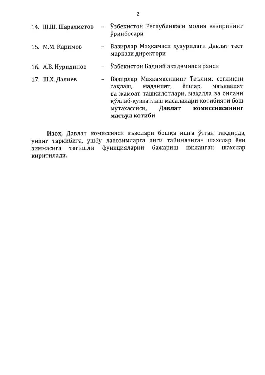 Олий таълим муассасаларига ўқишга қабул қилиш бўйича давлат комиссияси таркиби рўйхати, 2-қисм