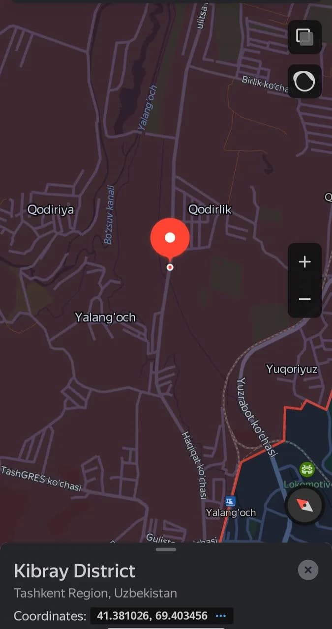 Қибрай туманидаги воқеа жойининг харитадаги координаталари