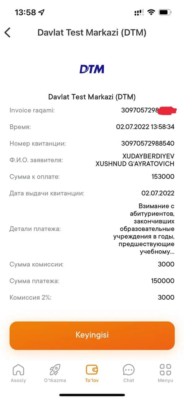 Click ilovasida 150 000 so'mlik DTM to'lovi va komissiya miqdori
