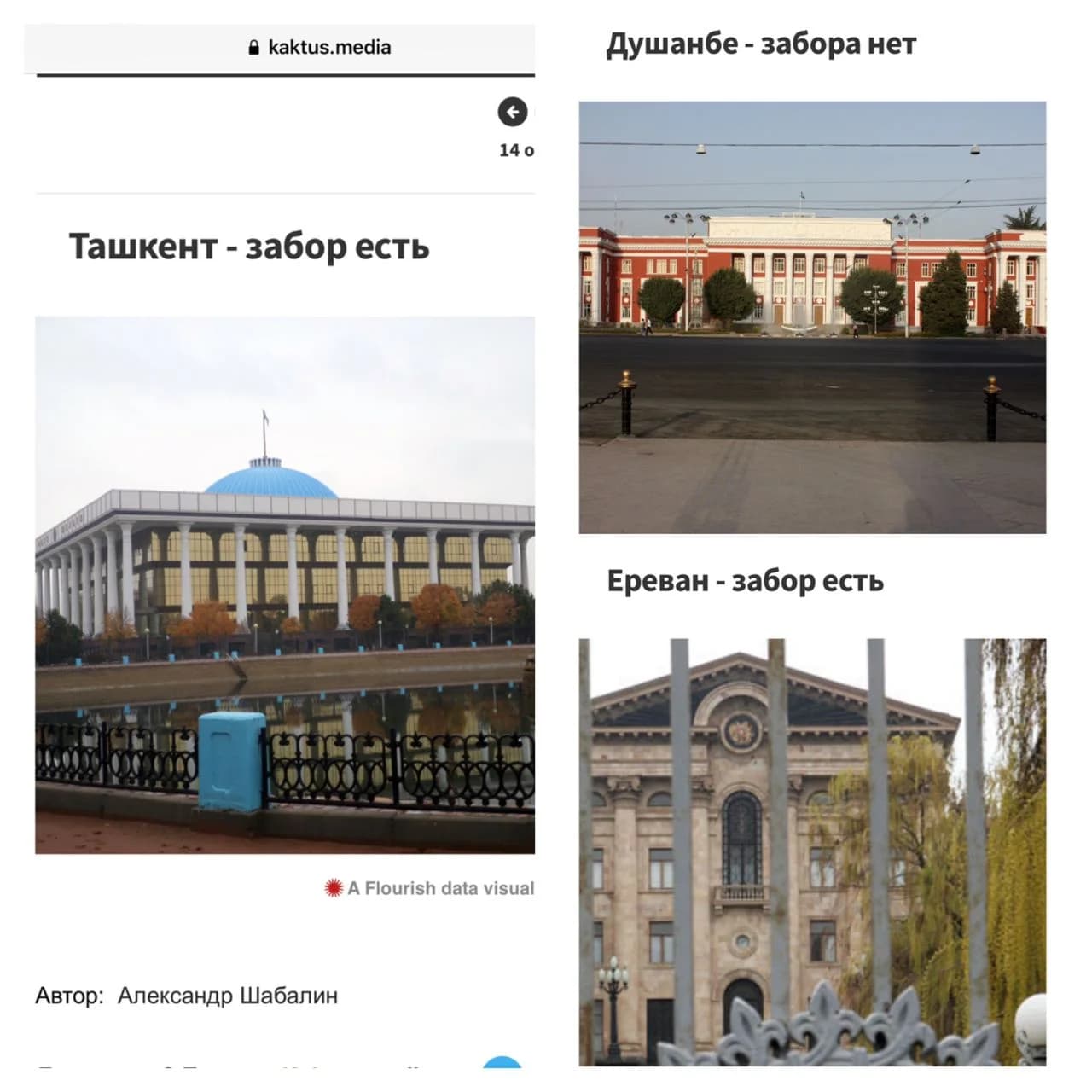 Toshkent va Yerevan parlamentlari atrofida panjara borligi, Dushanbeda esa yo'qligi ko'rsatilgan Kaktus Media suratlari