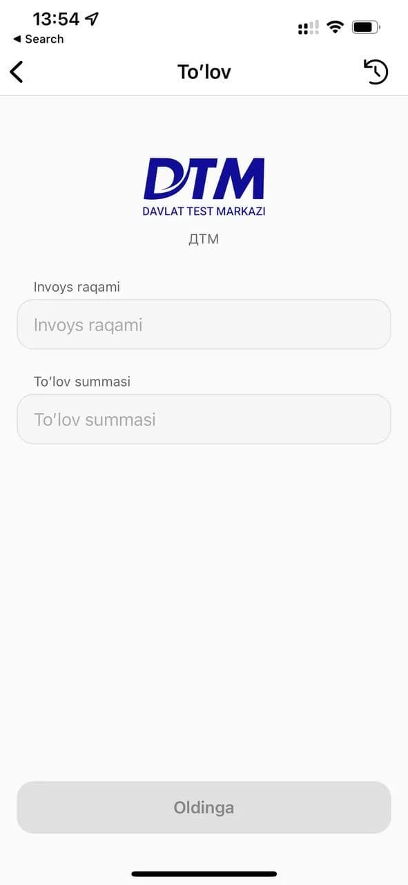 To'lov tizimida invoys raqami va summani kiritish oynasi