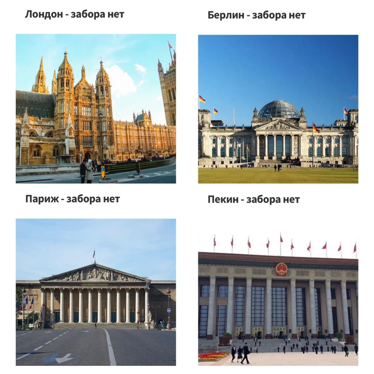 London, Berlin, Parij va Pekin shaharlaridagi parlament binolari atrofida panjaralar yo'qligi tasvirlangan suratlar