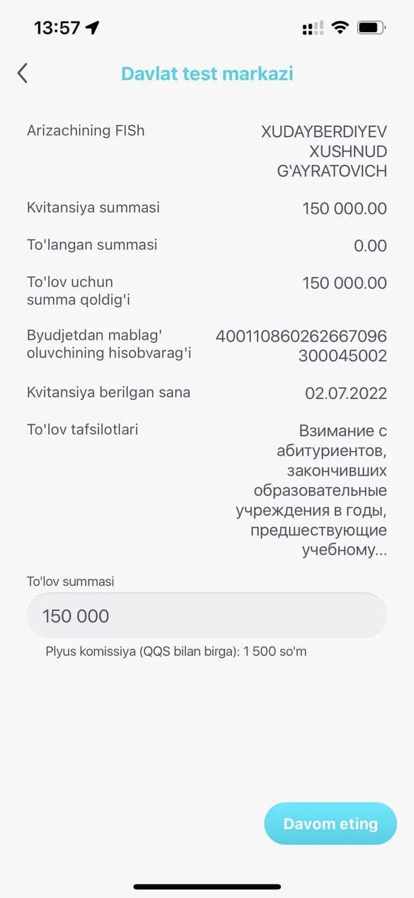 PayMe ilovasida DTM to'lovi tafsilotlari va kvitansiya summasi