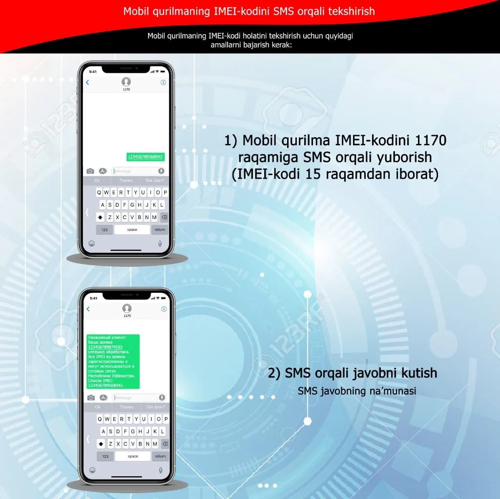 Mobil қурилманинг IMEI-кодини 1170 рақамига SMS юбориш орқали текшириш тартиби