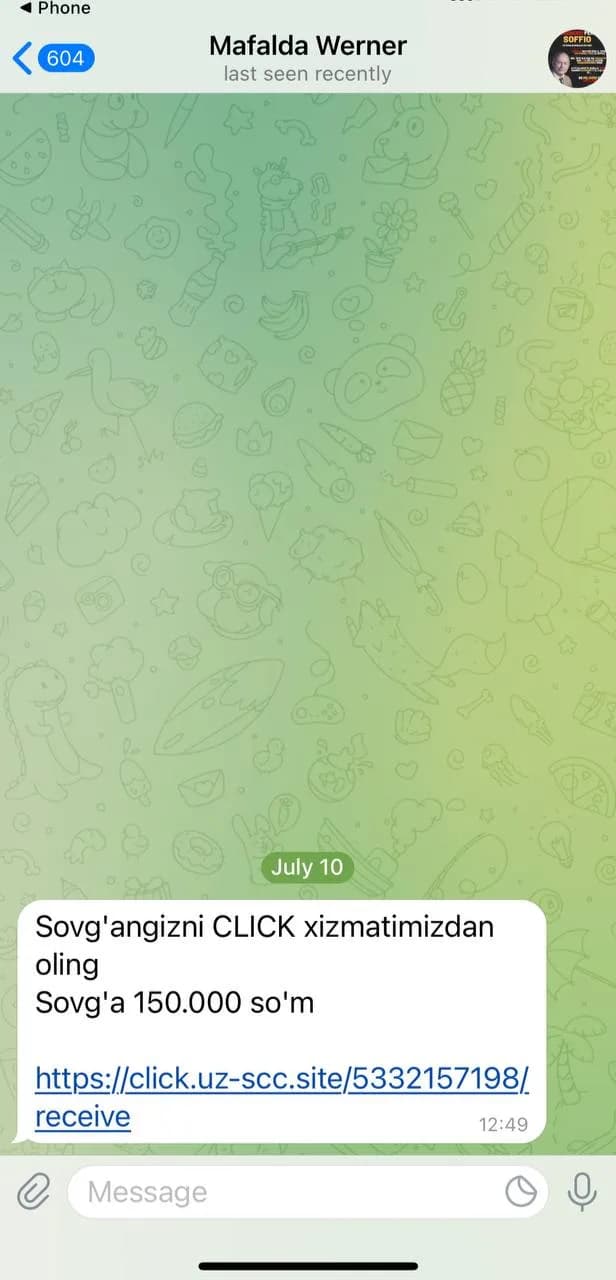 Телеграмда Click номидан 150 000 сўмлик совға ва шубҳали ҳавола юборилган фирибгарлик хабари