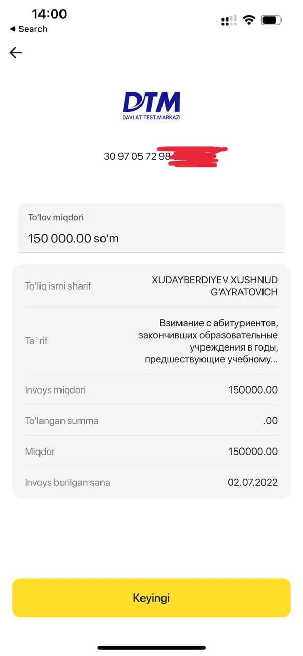UPay ilovasida abituriyent ma'lumotlari va to'lov miqdori ko'rsatilgan oyna