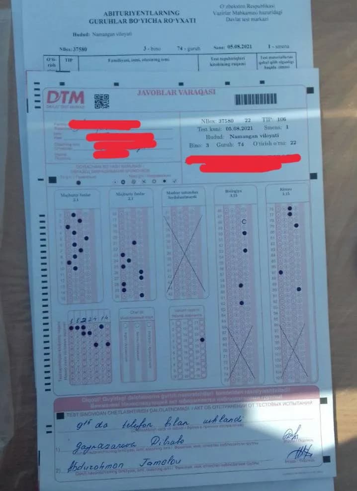 Abituriyentning testdan chetlashtirilganligi haqidagi dalolatnoma va javoblar varaqasi